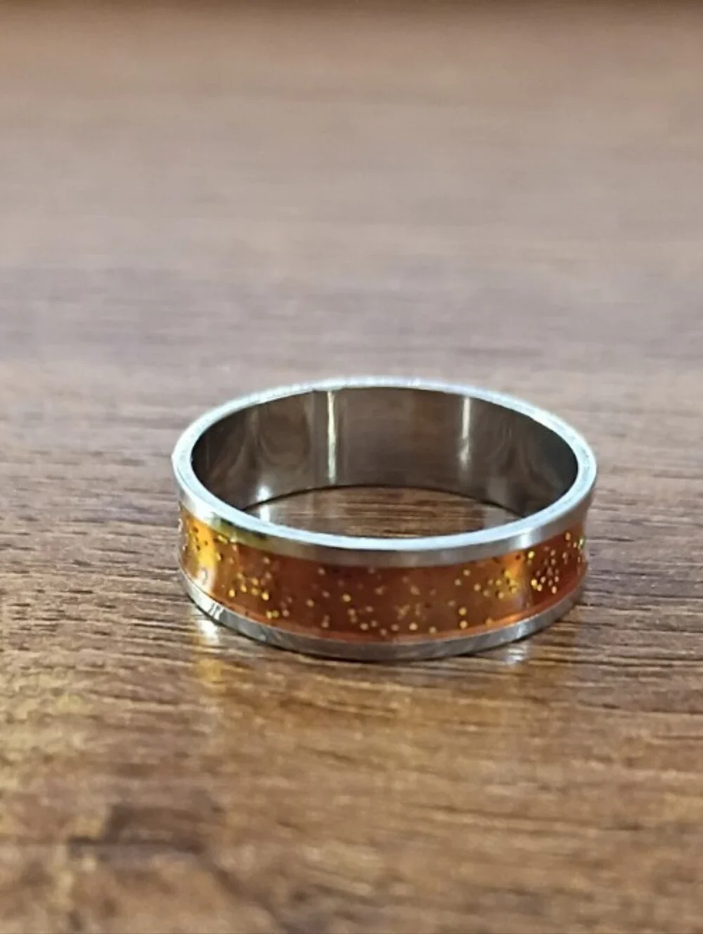 Stainless Steel Ring Fashion Jewelry Gold Glitter Amber Inlay Silver-Tone Women